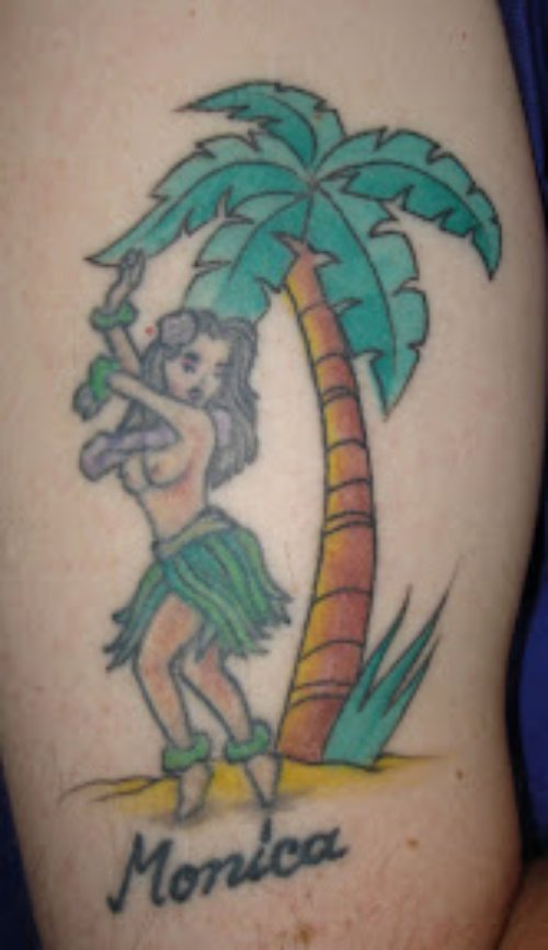 Hula Girl And Palm Tree Tattoo